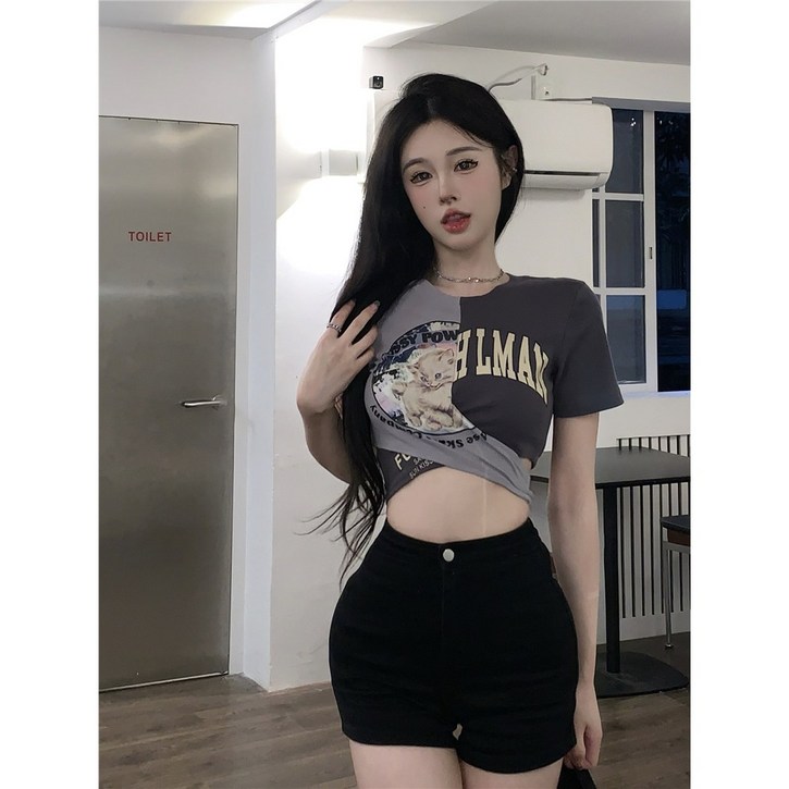 Ogfaour 밴딩 티셔츠 여 여름 프린트 슬림 반팔 상의