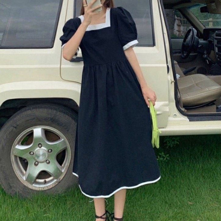 쁘띠꼬모 여성 반팔 원피스 슬림 스퀘어넥 리본 미디 스커트