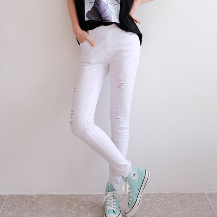 뉴클로 여성용 면스판 허벅지 데미지 밴딩 스키니진 S06 편한밴딩 청바지