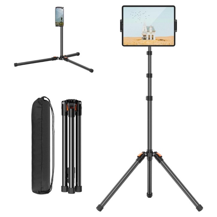 180cm 높이조절 접이식 태블릿 삼각대 + 360도 회전 클램프, 13인치 아이패드 갤럭시탭 호환, 파우치 포함 장대형 스탠드, 블랙