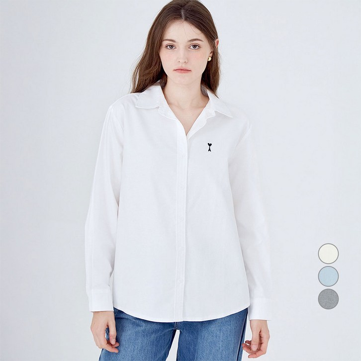 ELLE PARIS 여성용 로고 자수 레귤러핏 옥스포드 셔츠