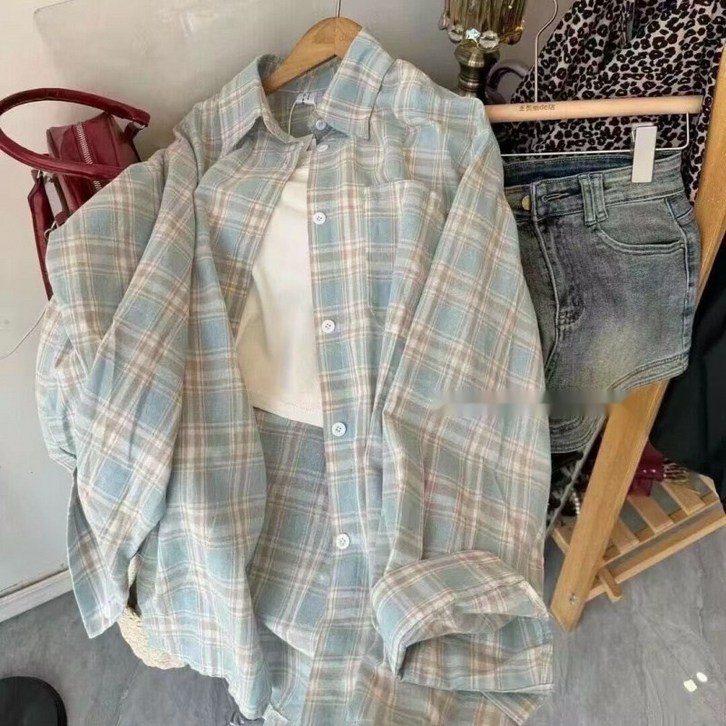 해피유통 여성 봄여름 체크 셔츠 캐주얼룩 플랫칼라 긴팔 루즈핏bhf 해피유통 여성 봄여름 체크 셔츠 캐주얼룩 플랫칼라 긴팔 루즈핏bhf