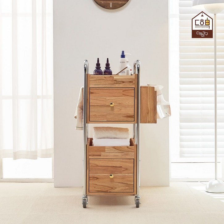 에스피 이동식 웨건 트롤리 참죽 원목 2단 서랍 미용실 트레이