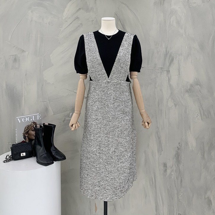 행복여 로벨 브이 라인 트위드 플레어 뷔스티에 원피스