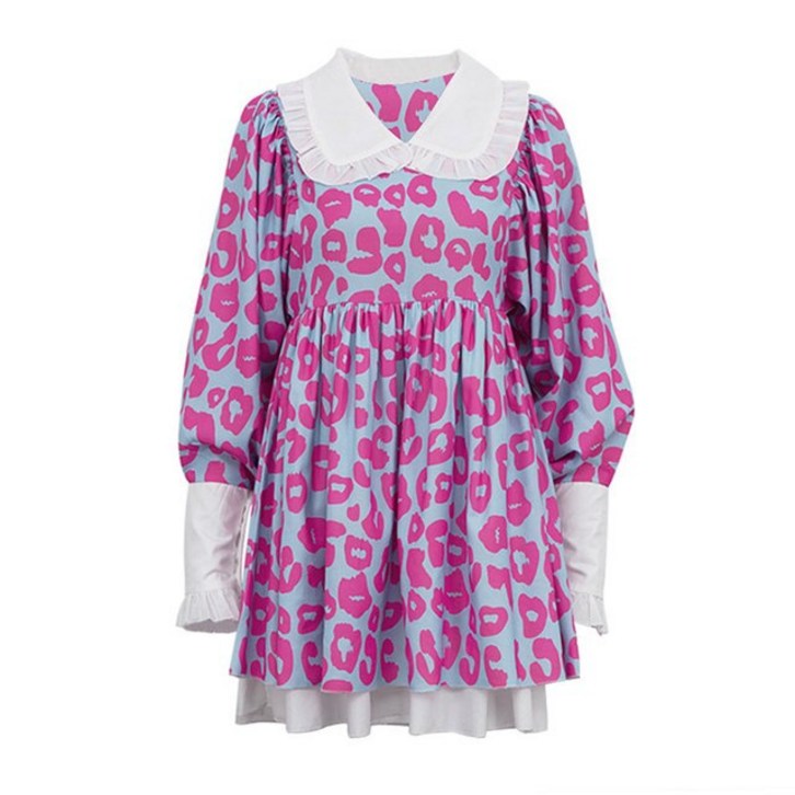 휴양지 원피스 프린트 퍼프 슬리브 핑크 여성 드레스 꽃무늬 피터팬 칼라 미니 2023 봄 귀여운 스위트 숙녀 신상 - 투데이밈