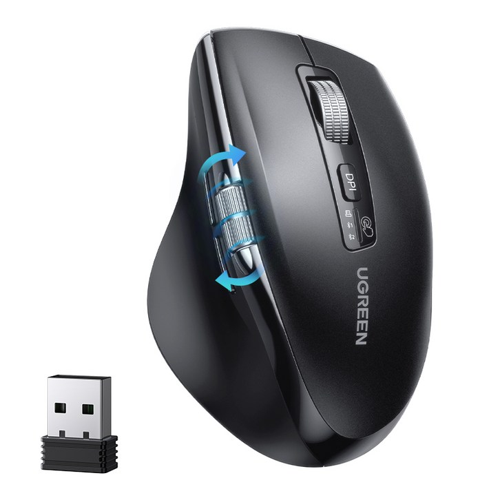 UGREEN 유그린 5000DPI 무한휠 스크롤 멀티페어링 블루투스 무선 마우스 인체공학 저소음 마우스 맥북 태블릿 노트북 컴퓨터 PC 호환 자동절전모드, Black, M751