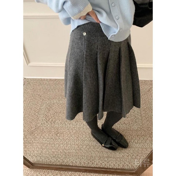 티류으스 여성 가을 겨울 니트 플리츠 울 앙고라 미디 스커트 Z0407