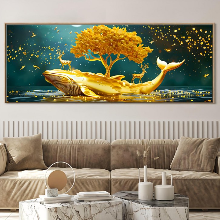 인메이블 돈들어오는 황금 고래 그림 거실 침실 인테리어 개업 집들이 이사 선물 대형 캔버스 풍수 돌고래 액자, 캔버스액자