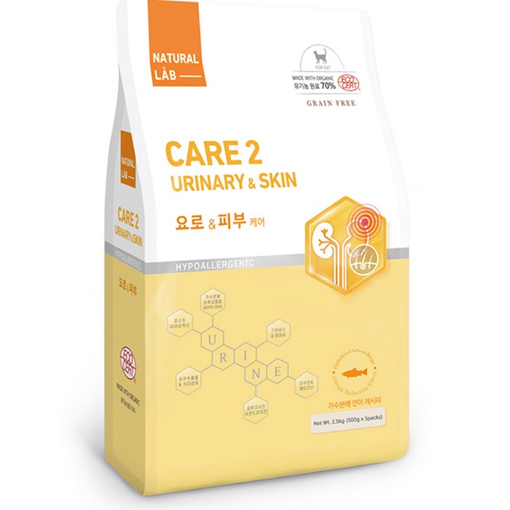 네츄럴랩 케어2 유기농 70 고양이 기능성사료, 요로피부, 2.5kg, 1개