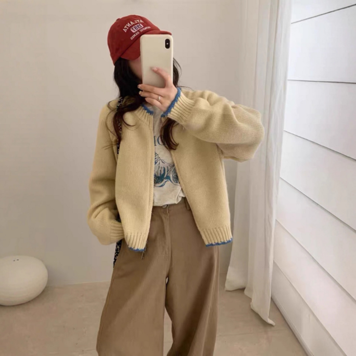 엘라브 스위트프레시 컬러배색 루즈핏 여성 니트 가디건