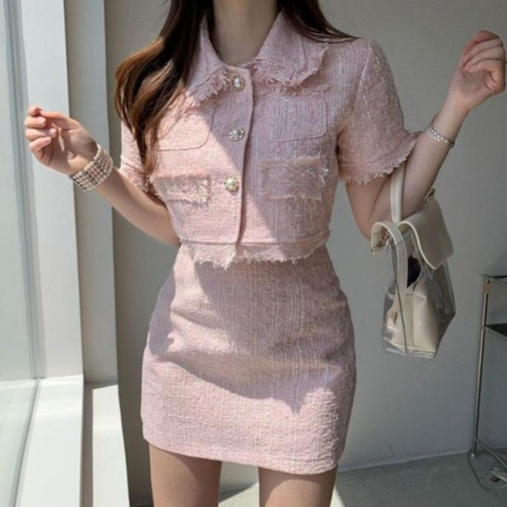 여름 캐주얼 트위드 크롭자켓 투피스 치마 세트