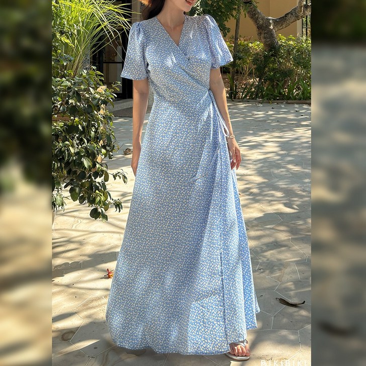 4488 커밍 랩 원피스 커버업 빅사이즈 반팔 랩 커버 맥시 롱 리본 끈 트임 슬릿 비치웨어 비치원피스 휴양지 여름 바캉스