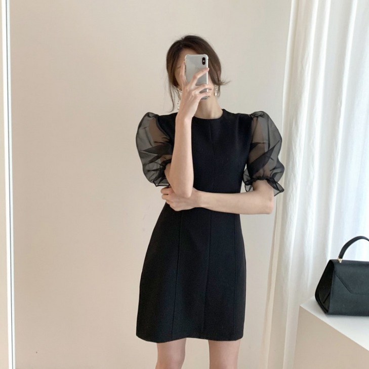 BIKASU 여성 여름 하객룩 원피스 정장 슬림핏  반팔 퍼프 소매 미니원피스