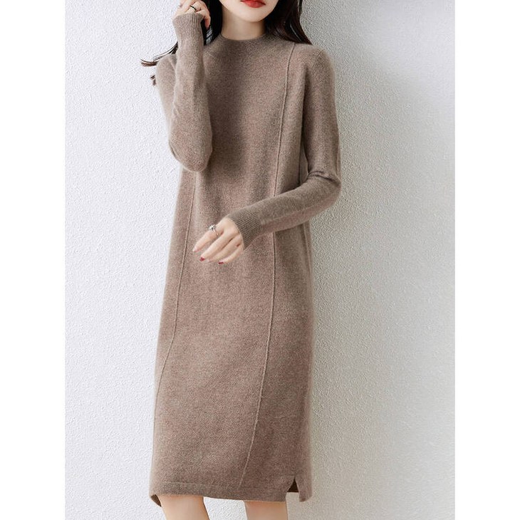 캐시미어100 니트 원피스 여성 캐시미어 울 여자 봄 겨울 정장 긴팔 반목 스웨터 숏 스커트 100 메리노