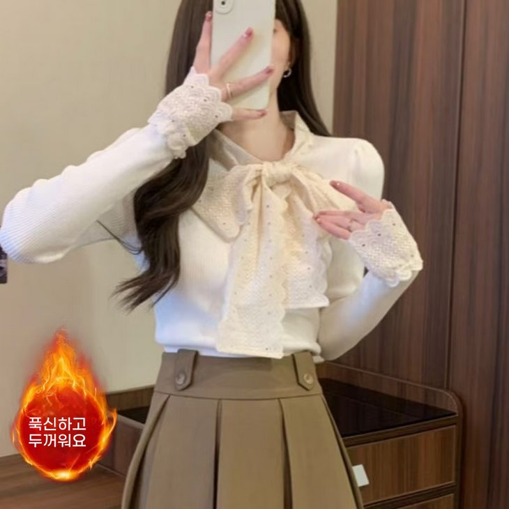 AURALA 여성 가을 겨울 기모 도톰 니트 패션 트리밍 리본 이너 슬림 톱