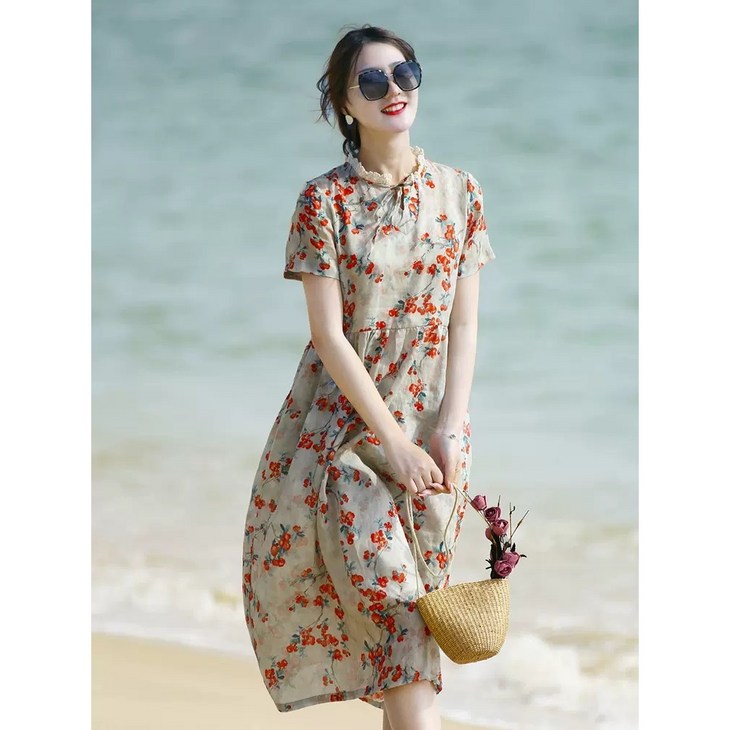 COSYEVNO   여성 여름 면마 원피스 빈티지 프랑스풍 고급스러운 프린트 플라워 롱 스커트