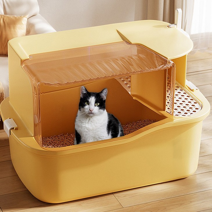 개과천선 레네티 캣 토일렛 후드형 오픈형 전면분리 고양이 화장실 사막화 방지 모래삽 포함, 파스텔 레몬, 1개