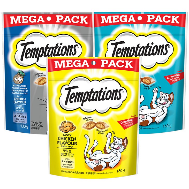 템테이션 메가팩 고양이 간식 3종 세트, 맛있는 닭고기맛+고소한 참치맛+헤어볼 컨트롤, 1세트
