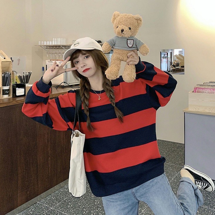 메이리앤 오버핏 스트라이프 맨투맨 티셔츠 메이리앤 오버핏 스트라이프 맨투맨 티셔츠