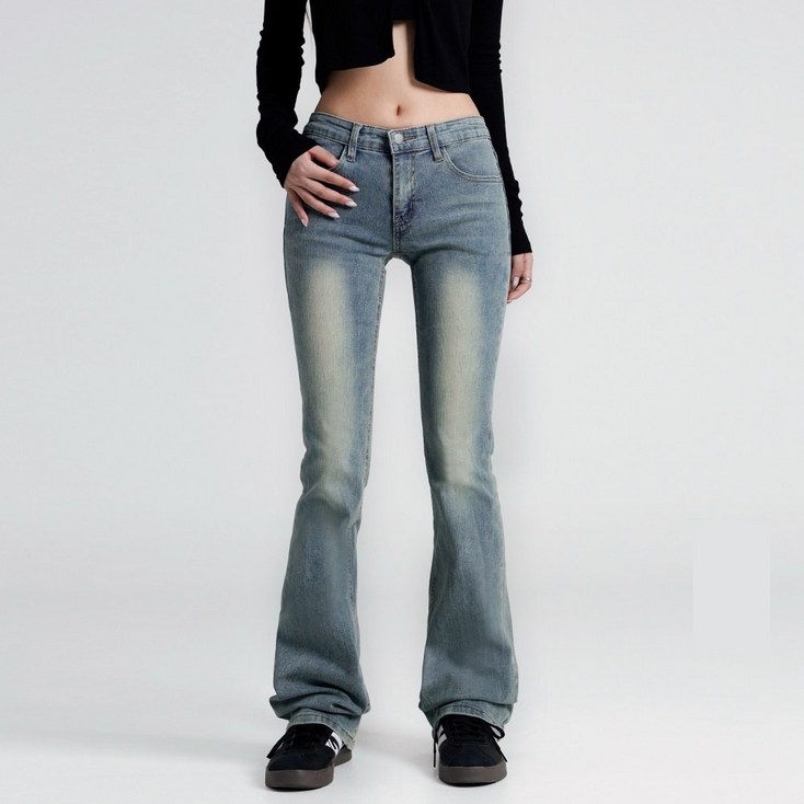 코튼클로젯 여성용 로우라이즈 슬림 스판 워싱 롱 세미 부츠컷 청바지