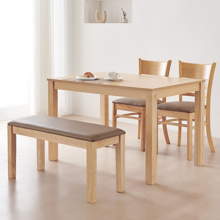 동서가구 캐빈 고무나무 원목 식탁 4인용  의자2p  벤치 세트 방문설치, 내추럴
