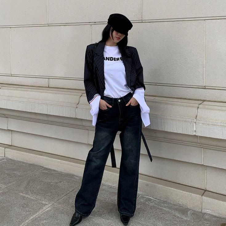 시크블랙 여성용 미나오 워싱 와이드 심플 일자 흑청 팬츠 cppt13740c43