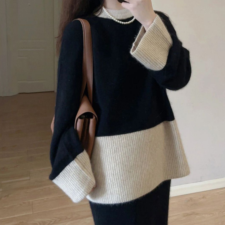 VVRR 여성 블록패턴 데일리 화사 스타일 원피스 니트 스웨터 C0120501