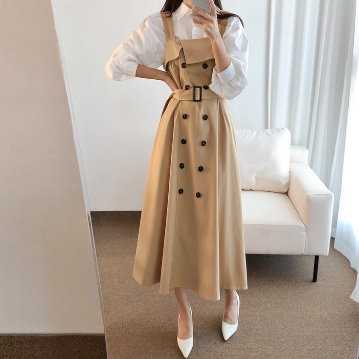 요시아나 당일발송 르젤 뷔스티에 트렌치 스타일 더블단추 롱원피스 2컬러