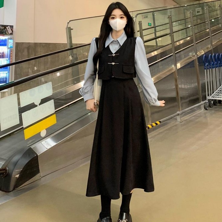 Couchsurfing 여성 프렌치 빈티지 배색 레이어드 빅사이즈 원피스 1273