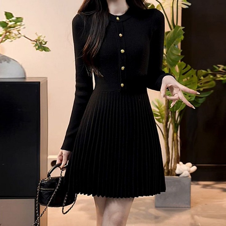 니트가디건  플리츠 스커트 일체형 원피스