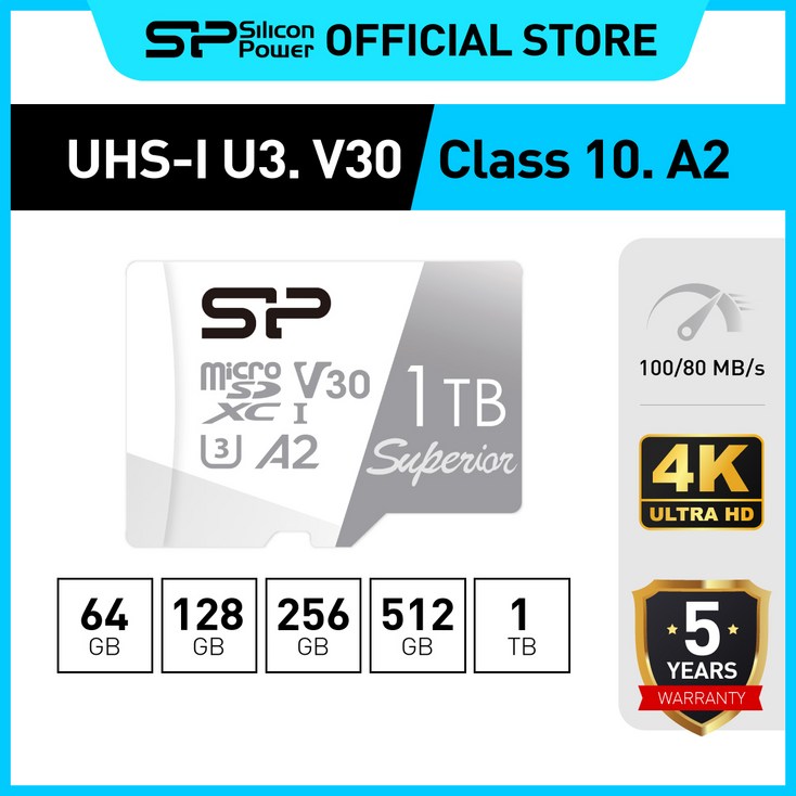 실리콘파워 micro SDXC SD카드 Class10 Superior UHS-I 4K U3 A2 V30 128GB/256GB/512GB/1TB, 256GB - 투데이밈