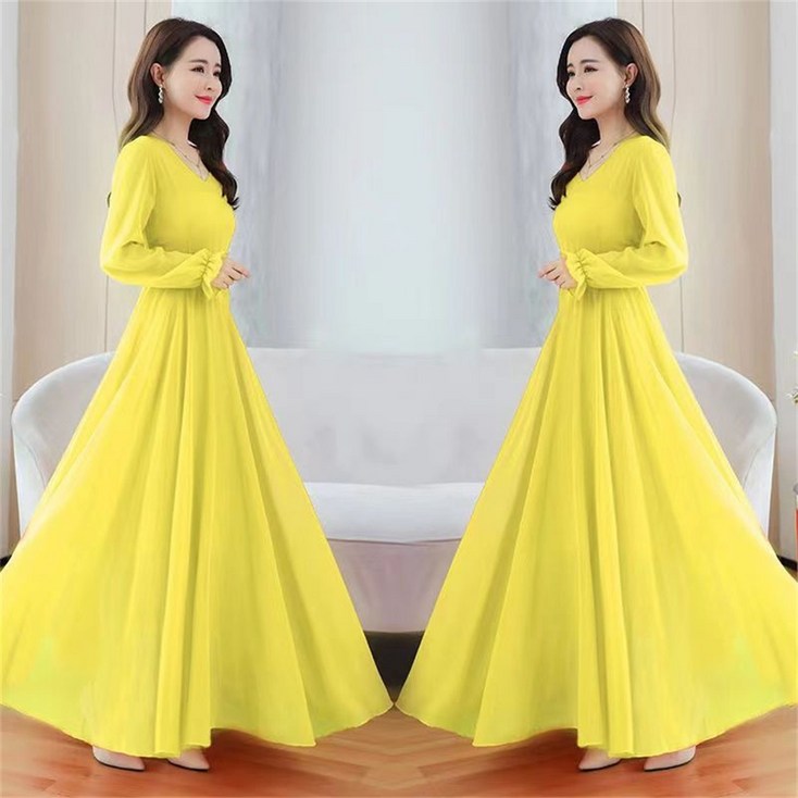 TKX 롱원피스 여성용 긴소매 브이넥 드레스 봄 가을 고급스러운 심플한 디자인 KY97