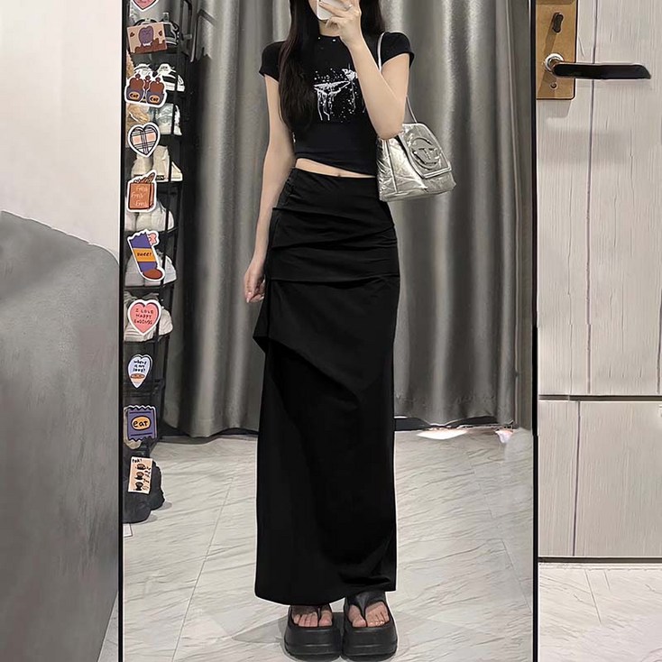 여성 아노락 카고 롱  스커트 슬림핏  캐주얼 데일리록 사이드 슬릿 오피스록 봄 여름 가을용  베이직 코디 치마