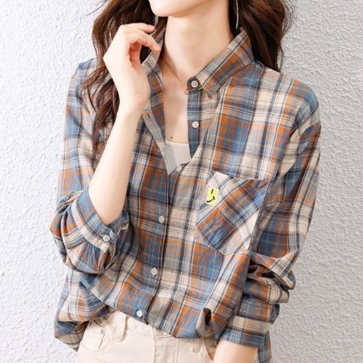 체크 무늬 프린트 버튼 포켓 셔츠 캐주얼 긴팔 셔츠 여성의류 SH580 TM