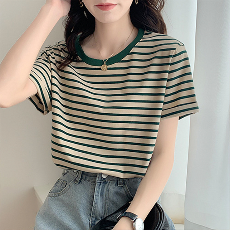 Linmr 여성 단가라 라운드넥 반팔티셔츠 R12