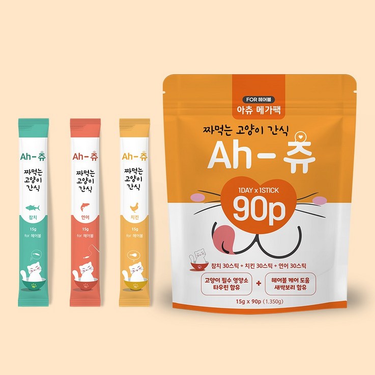 아츄 헤어볼 방지 짜먹는 츄르 고양이간식 3가지맛 90p, 1팩, 1.35kg, 연어 30p  닭고기 30p  참치 30p