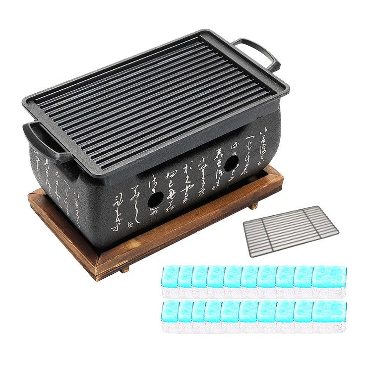 뉴비아 프리미엄 직사각형 듀얼와이드 미니화로 NEWVIAMB2000  에탄올 고체연료 30g x 20p 세트, 화로24x13x11cm
스텐석쇠24.5x13.5cm
나무받침대26x15x2.5cm
미니그릴팬24 x 13 x 1.5 cm, 1개