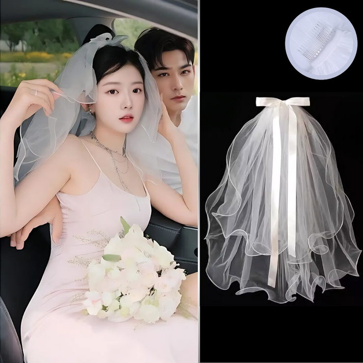 통품스토어 로맨틱웨딩 브라이덜 샤워 소품 리본 숏베일 클래식 레이스 새틴 면사포, 1개, 화이트 통품스토어 로맨틱웨딩 브라이덜 샤워 소품 리본 숏베일 클래식 레이스 새틴 면사포, 1개, 화이트