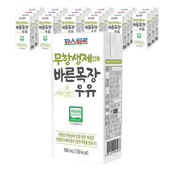파스퇴르 바른목장 우유, 190ml, 24개 파스퇴르 바른목장 우유, 190ml, 24개