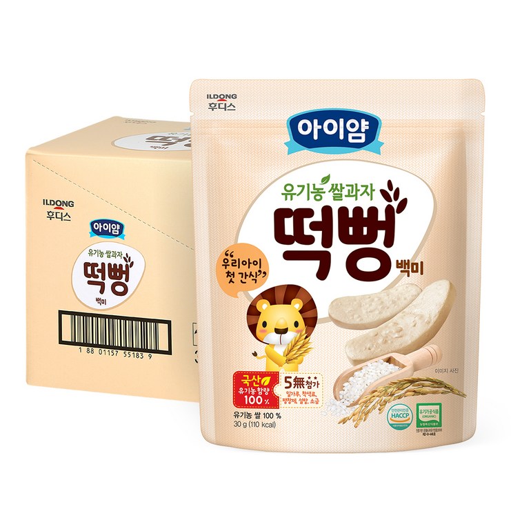 출산/유아동 일동후디스 아이얌 유기농 쌀과자 떡뻥, 백미맛, 30g, 6개