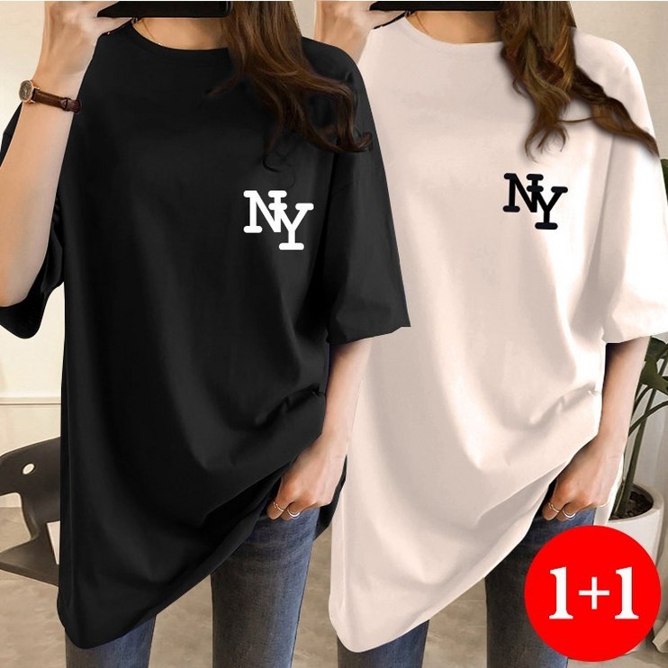 [1+1] 스타일아유 여성 여름 오버핏 반팔 티셔츠 빅사이즈 NY 여자 루즈핏 롱박스티셔츠 - 에잇폼