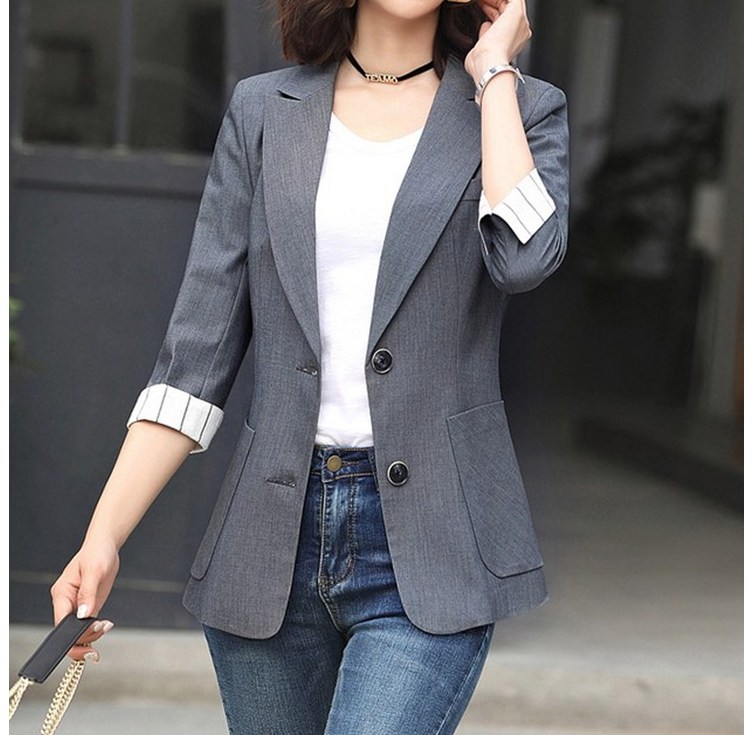 7부 여성 자켓 긴팔 캐주얼 정장 스트라이프 소매 심플