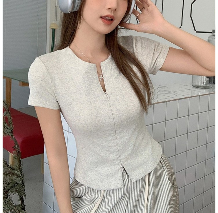 SAHINER 여성 여름 슬림크롭 집업반팔티 ATX22 SAHINER 여성 여름 슬림크롭 집업반팔티 ATX22