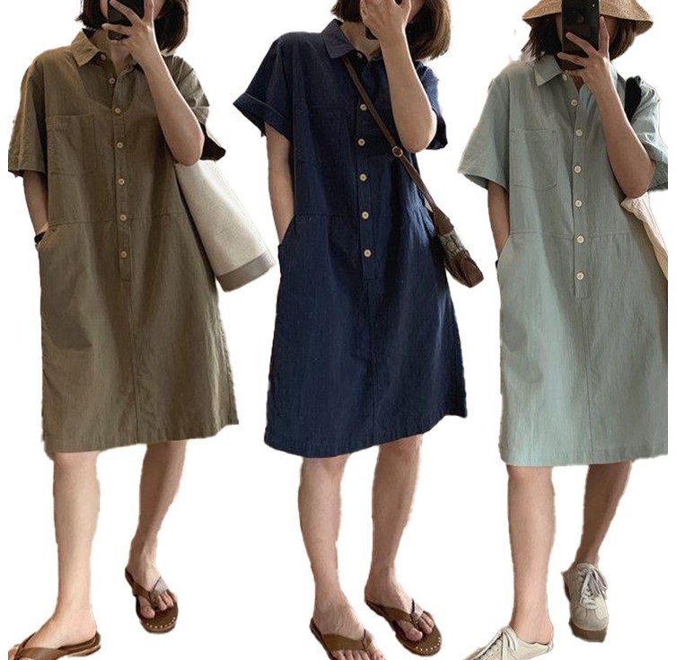 웨일쓰 여성 카라 바스락 셔츠 원피스 데일리 빅사이즈 베이직 셔츠형 원피스 포켓 롱셔츠