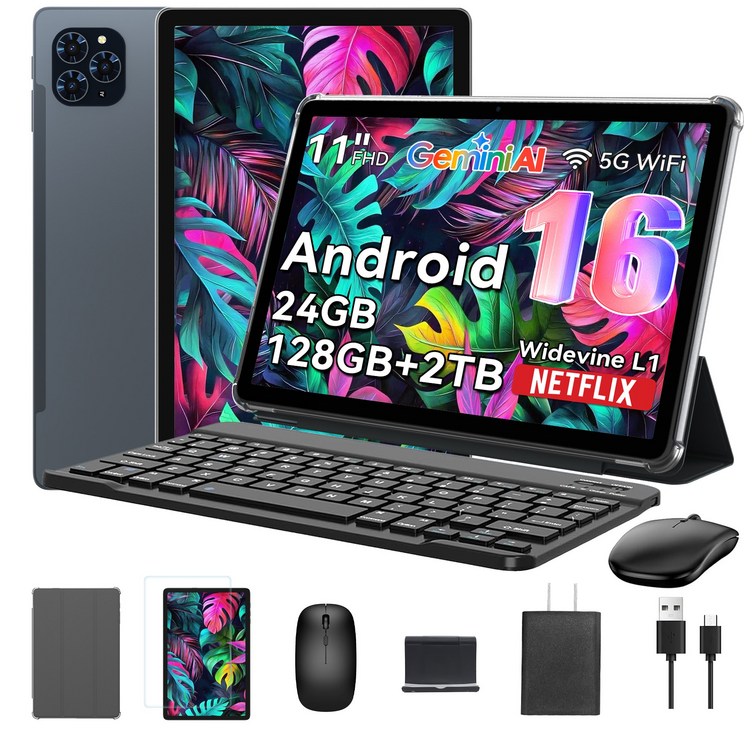 TABWEE 2026 세계최초 Android16 Gemini AI 태블릿 11인치 FHD 24GB128GB 2TB확장 2in1 테블릿 pc 키보드세트
