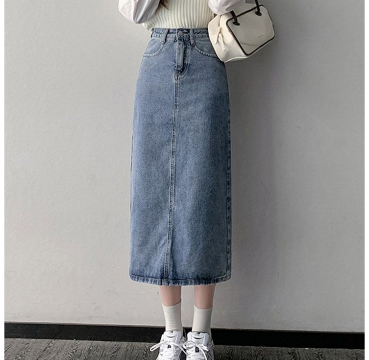 도도미아 여성 롱 청치마 뒤트임 롱 데님 스커트
