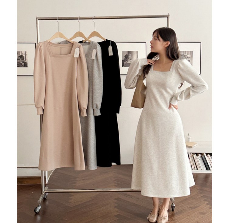 핏몬 여성 스퀘어넥 기모 퍼프 슬림 롱 원피스