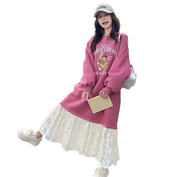 예니브 150kg 빅사이즈 여성 오버핏 기모 레이스 레이어드 배색 롱 맨투맨 원피스 가을 겨울 롱 캐릭터 프린트원피스