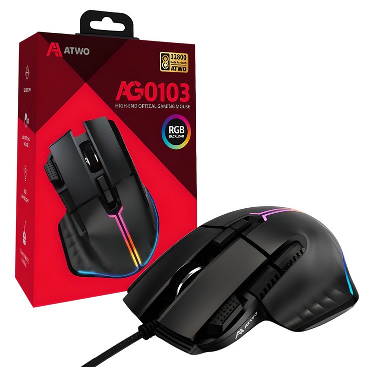 에이투 고감도 LED 유선 USB 게이밍 마우스 AG0103, AG0103, 블랙