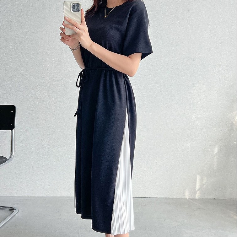 퍼니걸스 6255 배색 라운드 스트랩 플리츠 주름 롱 원피스 여성의류